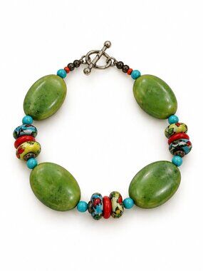 Green Stone Bead Bracelet Colorful Artisan Lampwork Toggle 6.75"